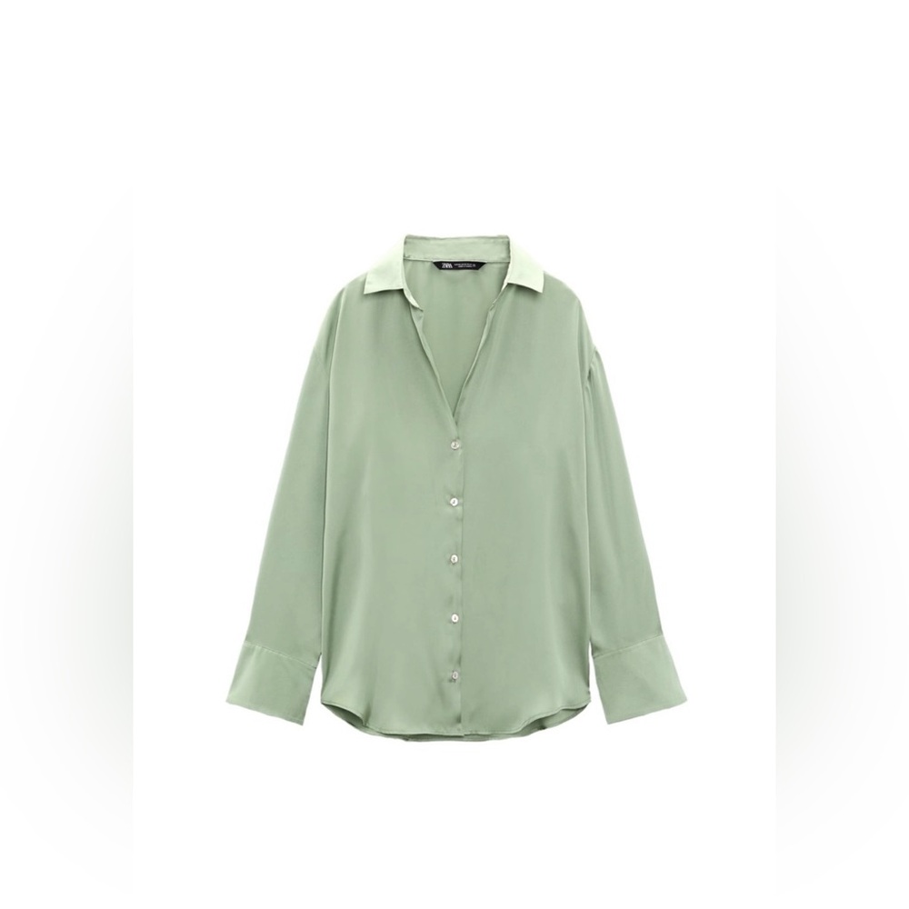 Zara Green Button Down Satin Blouse